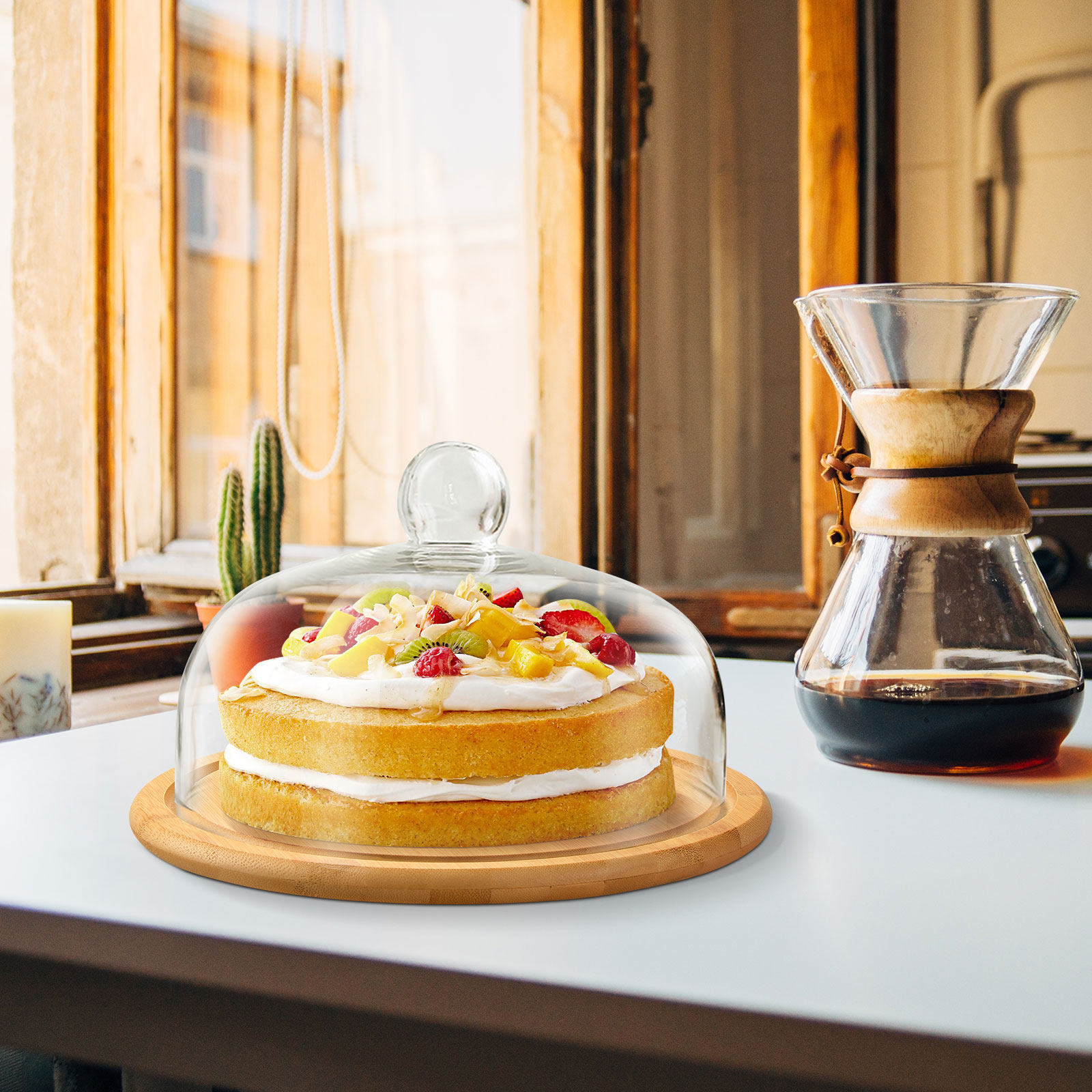 Plastic Dome Clear - 1 Set Kuchenglasabdeckung Premium Holz-Präsentationsständer Desserttablett